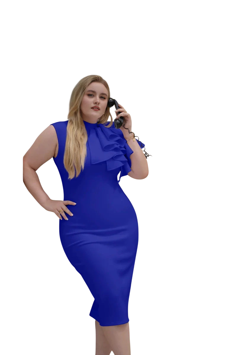 Showlu Fashion Women's Bodycon Evening Dress featuring high neck, sleeveless, one-shoulder design with floral ruffle details.