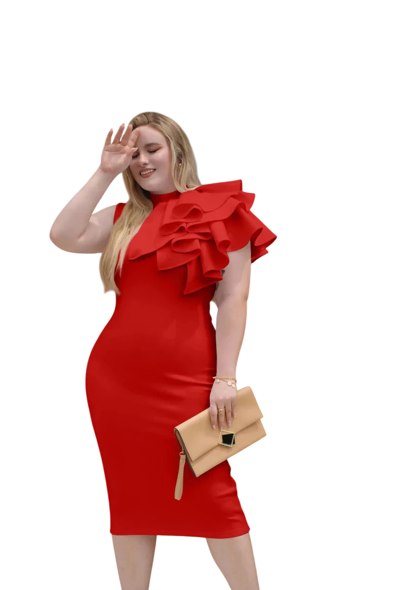Showlu Fashion Women's Bodycon Evening Dress with high neck, sleeveless, one-shoulder design, ruffle details, elegant midi length.
