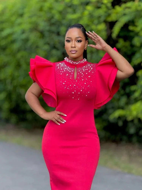 Red rhinestone mini party dress with high neck, ruffled details, and slim fit, perfect for summer evening events.