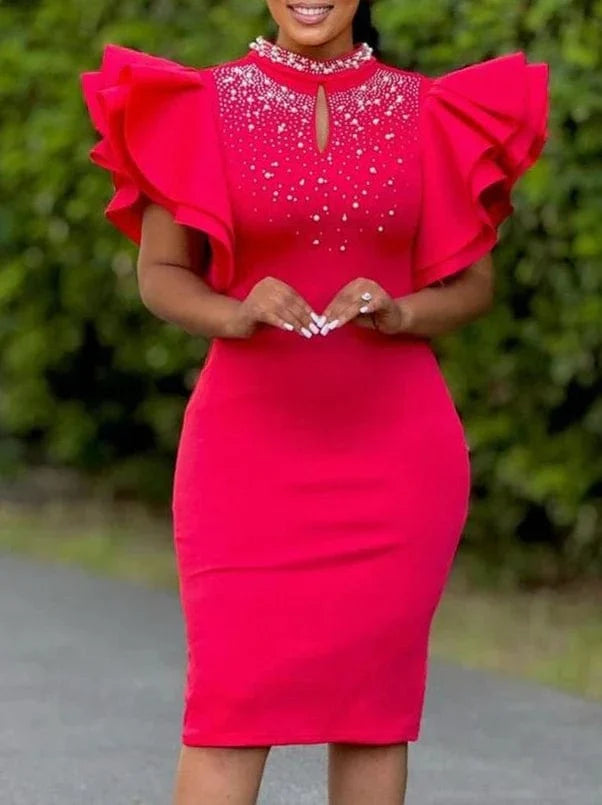 A red rhinestone mini party dress with ruffled high neckline and slim fit, perfect for summer events and evening occasions.