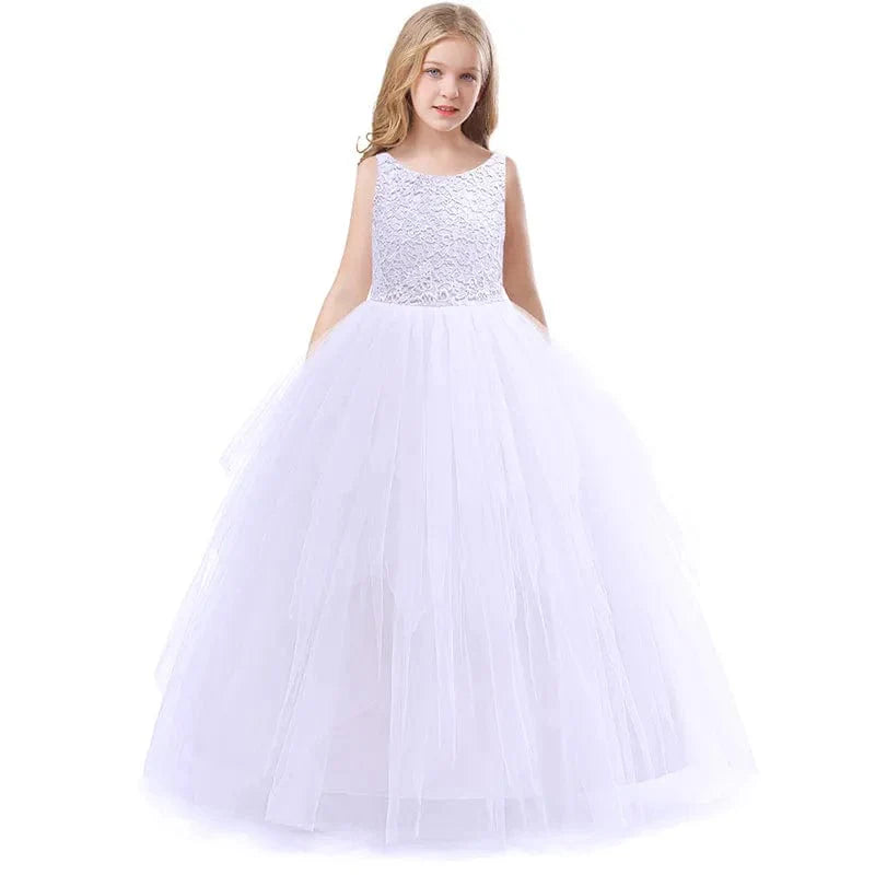 White lace floral ball gown for girls, formal wedding or party dress with princess style, perfect for ages 10-12.