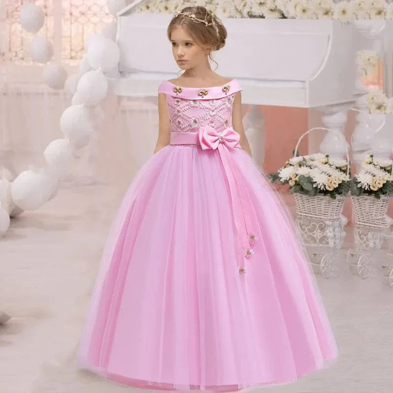 White lace floral ball gown for girls, formal wedding and party dress by Showlu Fashion, perfect for special occasions.