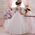 Girls white lace floral ball gown for formal weddings and parties, featuring a princess style dress with elegant details.