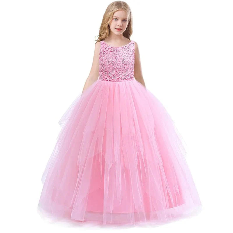 White lace floral ball gown for girls, formal wedding party dress with princess-style design, suitable for ages 10-12.
