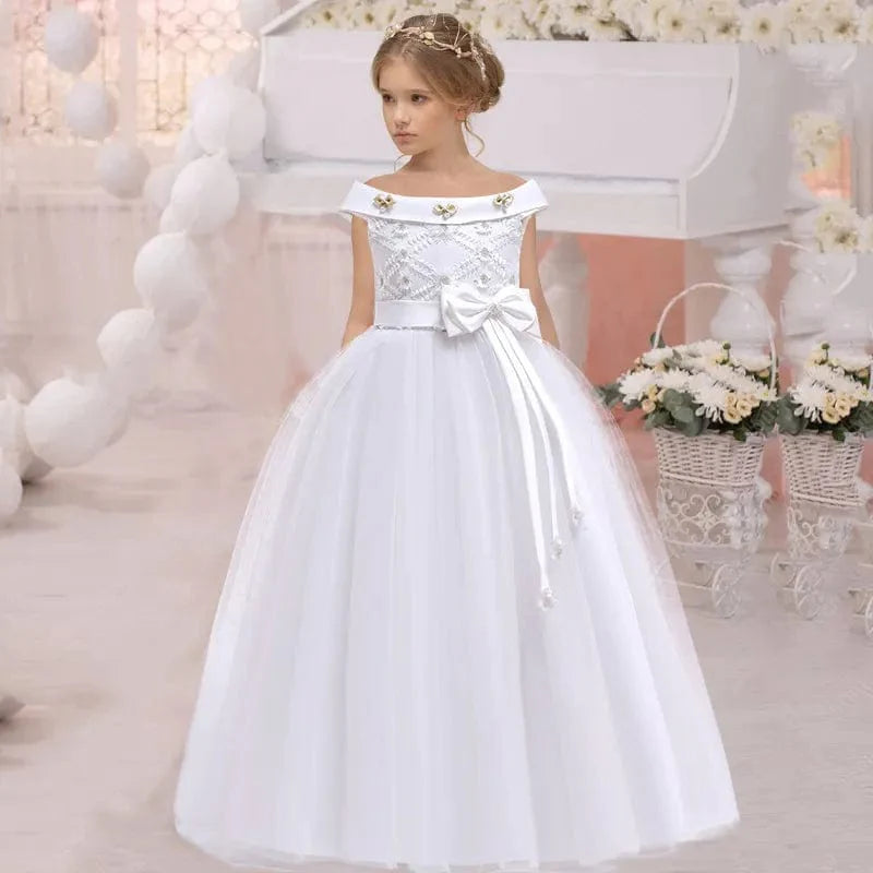 White lace floral ball gown for girls by Showlu Fashion, perfect for weddings, parties, and formal events, size 10-12 years.