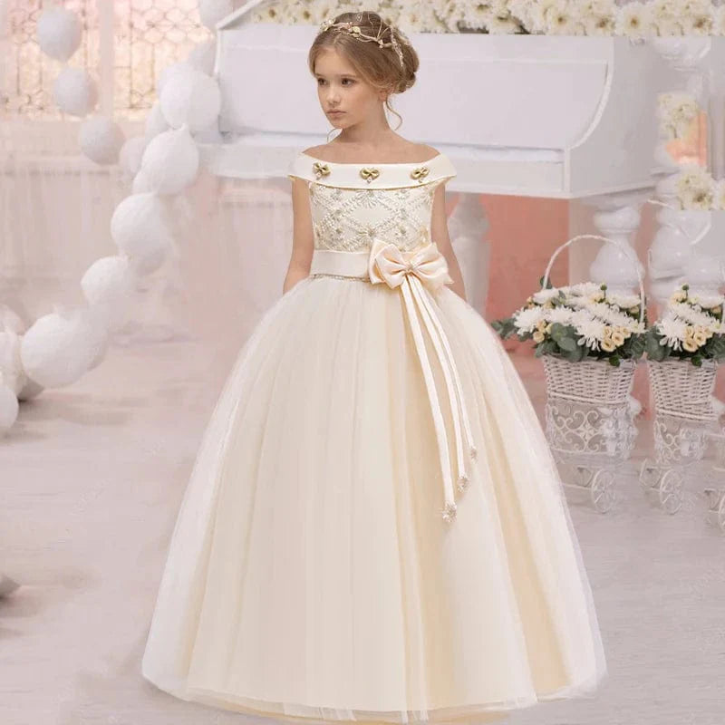 Girls white lace floral ball gown by Showlu Fashion, perfect for wedding parties and formal occasions, with a princess style design.