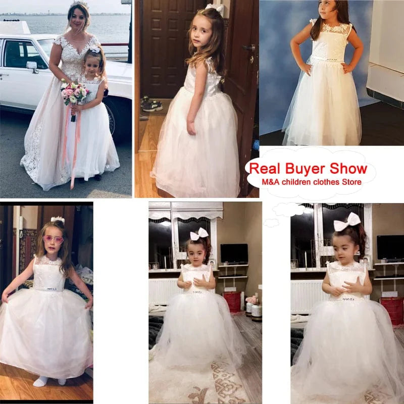 Girls white lace floral ball gown by Showlu Fashion for formal weddings or parties, featuring a princess-style design for ages 10-12.
