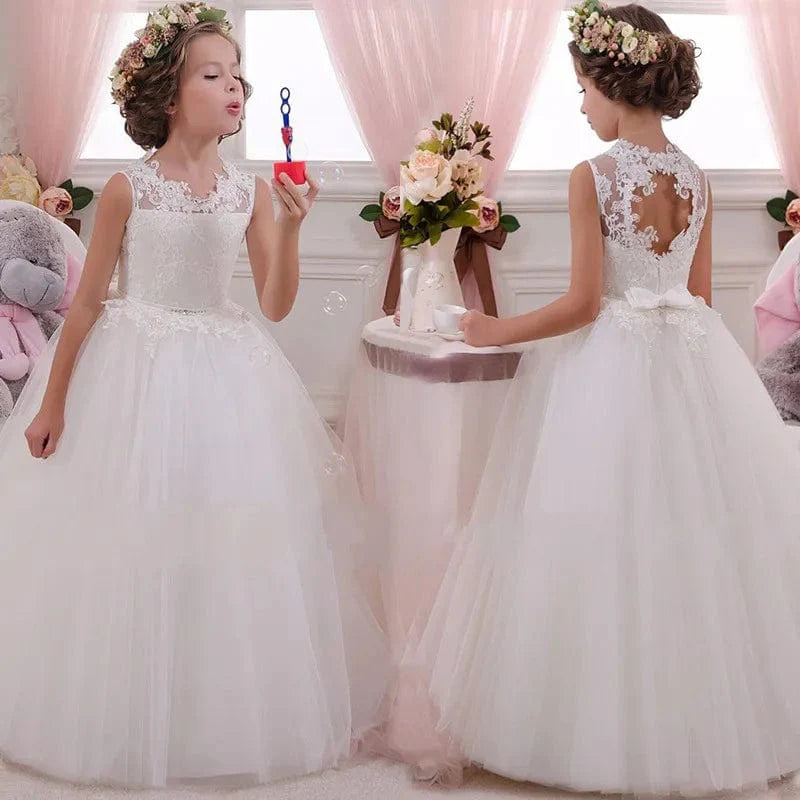 White lace floral ball gown for girls, elegant formal wedding party dress, perfect for bridesmaids or special occasions