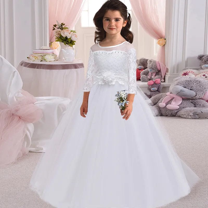 White lace floral ball gown for girls by Showlu Fashion, perfect for weddings and formal parties, featuring a princess-style design.