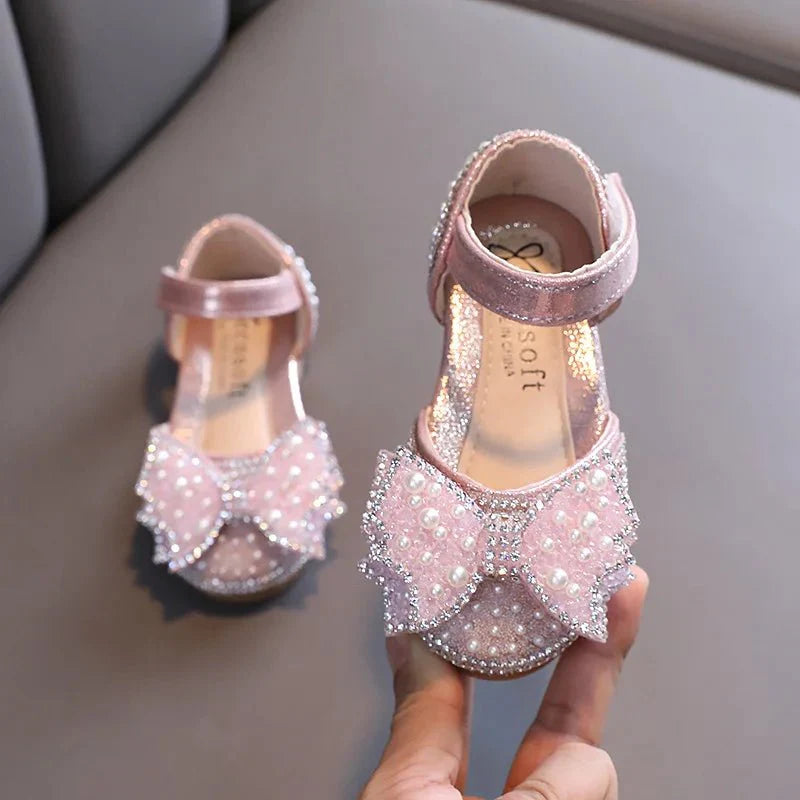 Girls' sequins bow princess sandals by SHOWLU FASHION STORE, flat leather party shoes with rhinestones for summer occasions