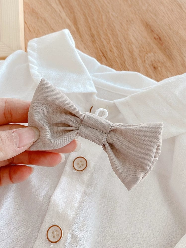 Showlu boys' 2-piece cotton bow tie shirt and pants formal dress set, suitable for summer and autumn celebrations for one-year-olds.