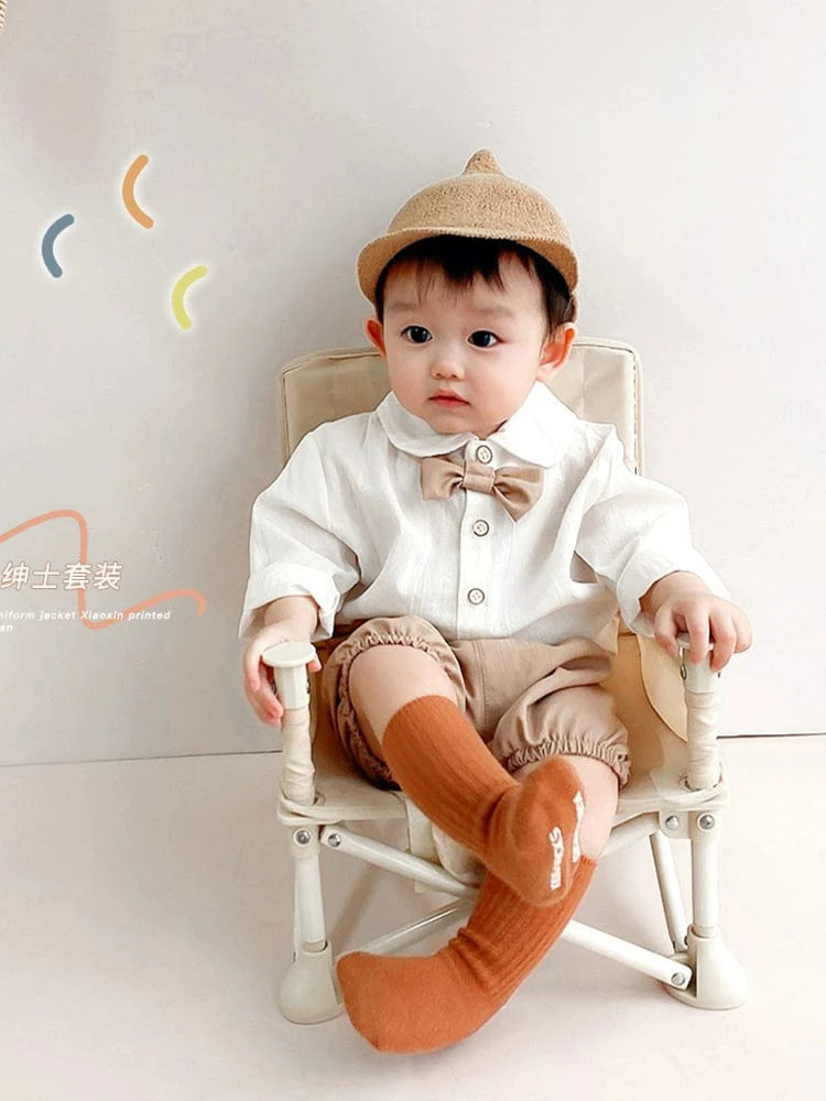 Showlu boys' 2-piece cotton bow tie shirt and pants formal dress set, perfect for summer or autumn celebrations for one-year-olds.