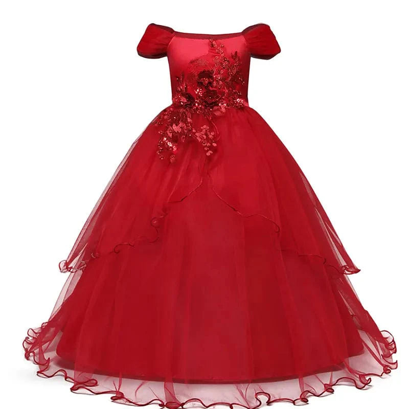 Girls lace princess dress by Showlu Fashion Store, elegant wedding and party ball gown for toddlers and children.