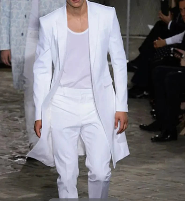 White men's 2-piece wedding suit with peaked lapel blazer and trousers, skinny fit groom tuxedo for summer occasions.