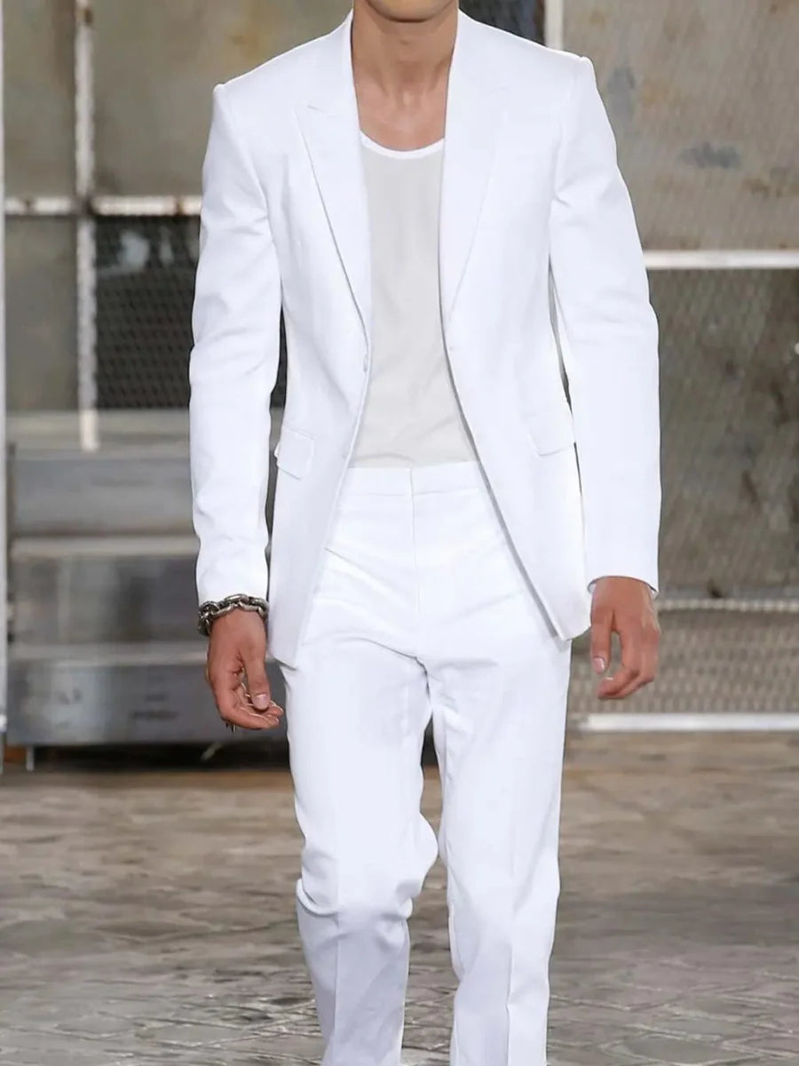 White men's 2-piece wedding suit with skinny fit tuxedo blazer and trousers, featuring peaked lapel, ideal for grooms and formal events