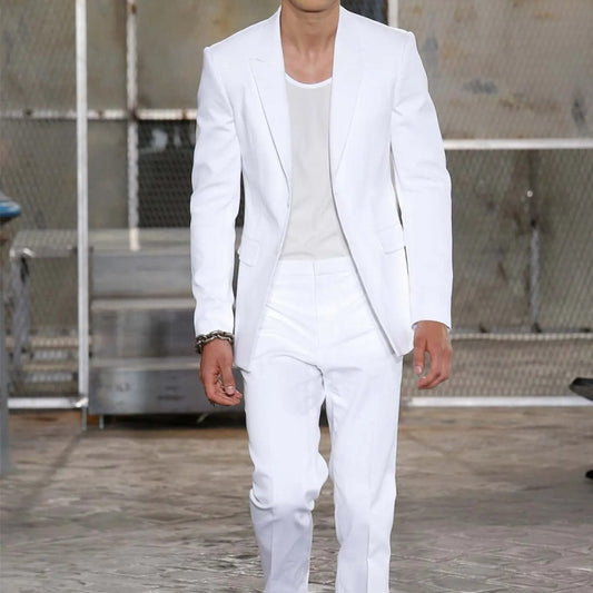 Summer Long Jacket White Trousers Groom Tuxedos Wedding Suits for Men Peaked Lapel Man Blazers 2 Pieces Coat Pants Prom - SHOWLU FASHION STORE
