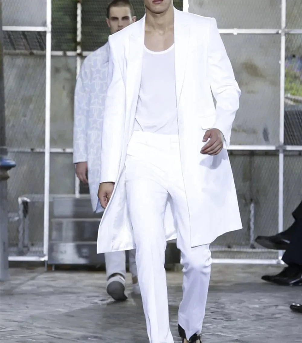 White men's wedding suit by Showlu Fashion, including a slim fit tuxedo blazer and matching trousers for groom or formal events.