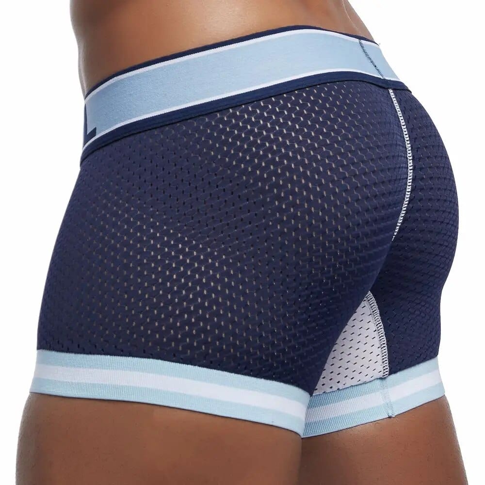 Men's mesh nylon boxer shorts by JOCKMAIL, breathable quick-dry underwear, shown in a summer fitness setting.