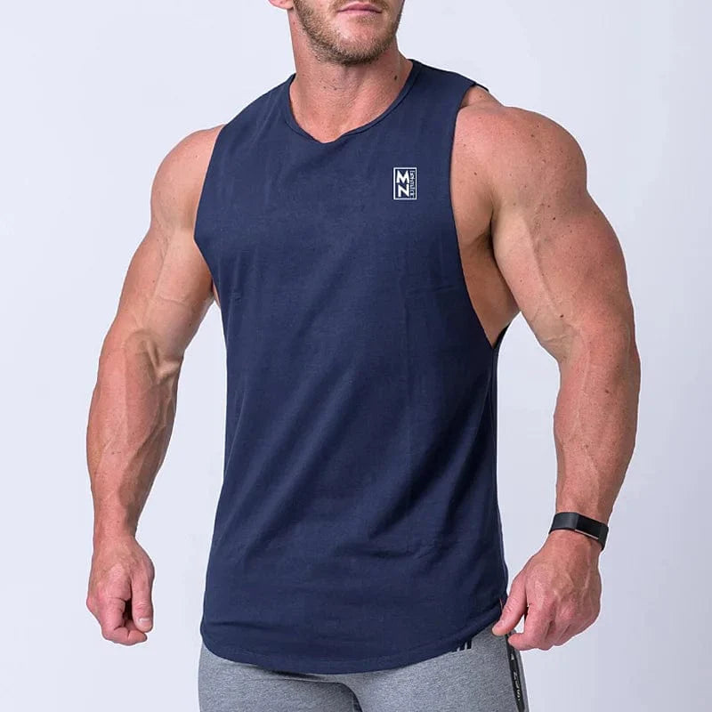 Men’s cotton gym tank top in black with sleeveless design, perfect for summer bodybuilding and workout training.