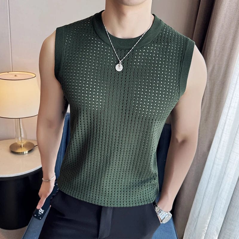 Slim fit men's mesh knitted vest by West Chalet Master, featuring a casual sleeveless design with elastic fabric for summer wear.