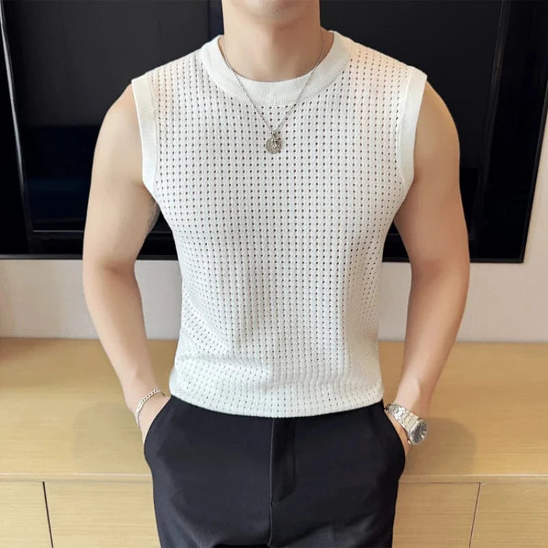 West Chalet Master men's mesh knitted vest, slim fit summer sleeveless T-shirt with elastic fabric, casual streetwear style.