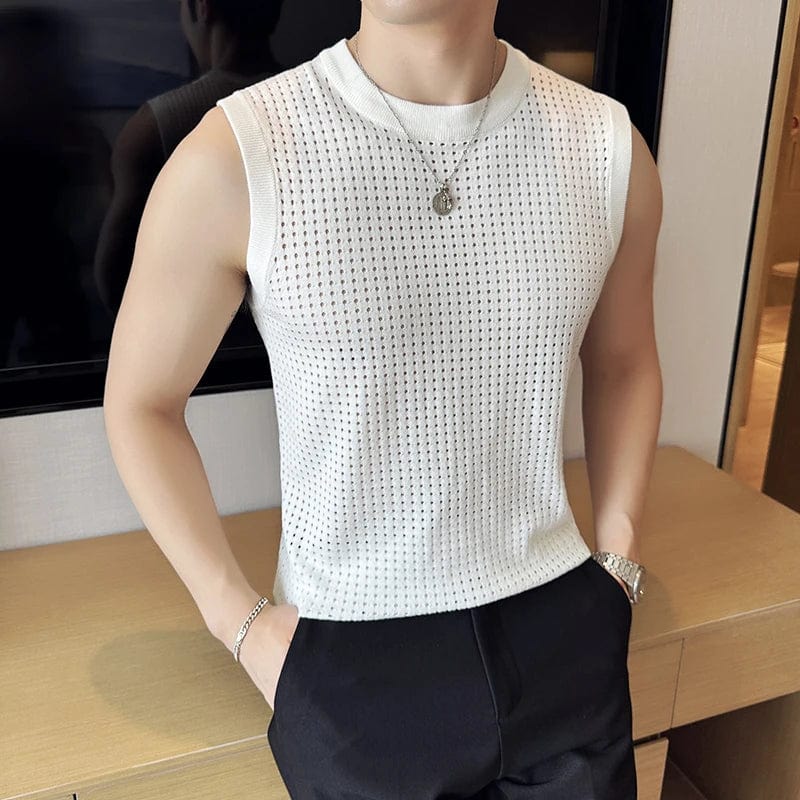 SHOWLU FASHION MASTER men's mesh knitted vest, slim fit summer sleeveless tee with elastic fabric, casual streetwear style.