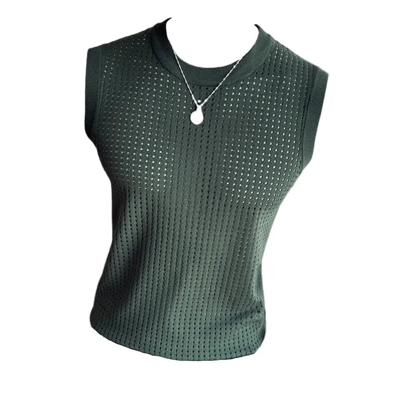 Slim fit men's mesh knitted vest by SHOWLU FASHION STORE, sleeveless, casual summer tee with elastic fit and breathable fabric.