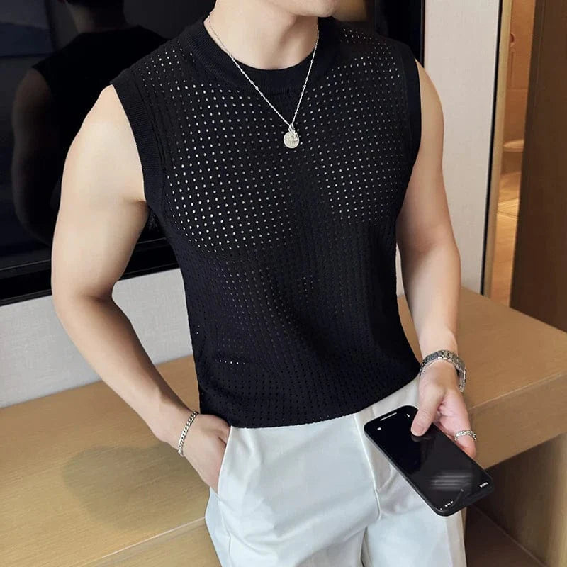 Men's slim fit mesh knitted vest by SHOWLU FASHION STORE, sleeveless summer vest with elastic, casual streetwear style.