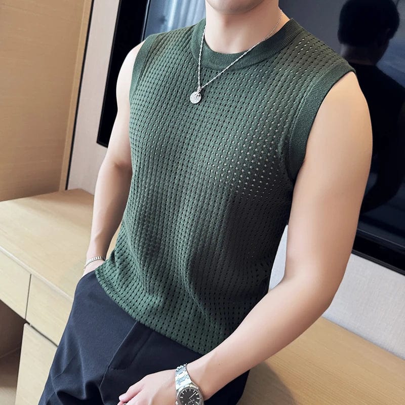 Slim fit men's mesh knitted vest by SHOWLU FASHION STORE, sleeveless, casual summer tee with elastic fabric and breathable design.