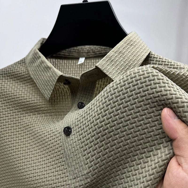 Men's slim fit polo shirt by Showlu Fashion, breathable solid knit summer top with short sleeves and casual, sweat-absorbing design.