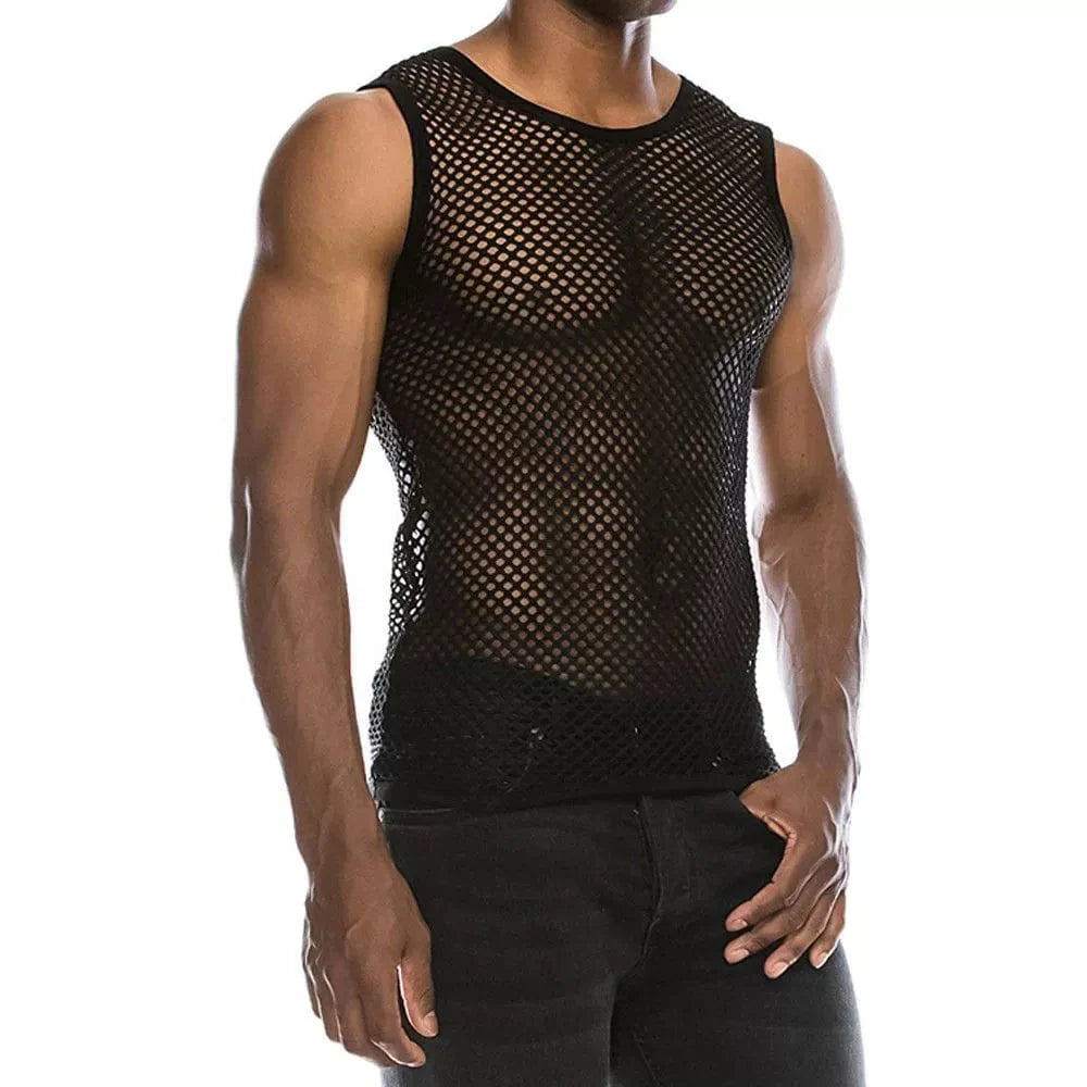 SHOWLU Men's slim fit mesh waistcoat featuring breathable plaid fabric, close-fitting summer vest with cut-out design for a trendy look.
