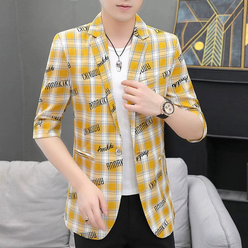 Men's slim fit plaid suit jacket from SHOWLU FASHION STORE, summer casual 3/4 sleeve blazer with a stylish, handsome design.