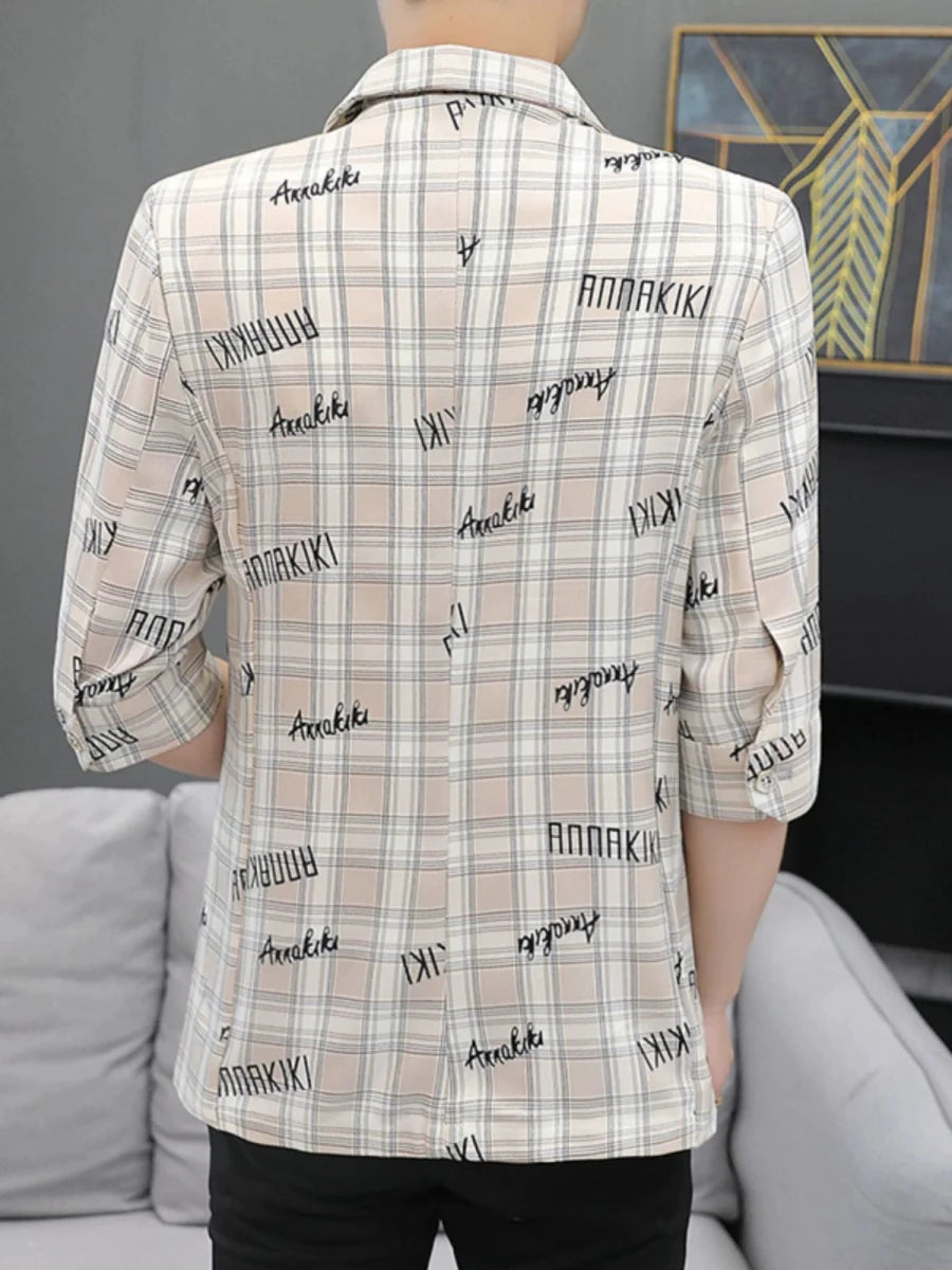 Men's slim fit plaid summer suit jacket with 3/4 sleeves, casual style, from SHOWLU FASHION STORE.