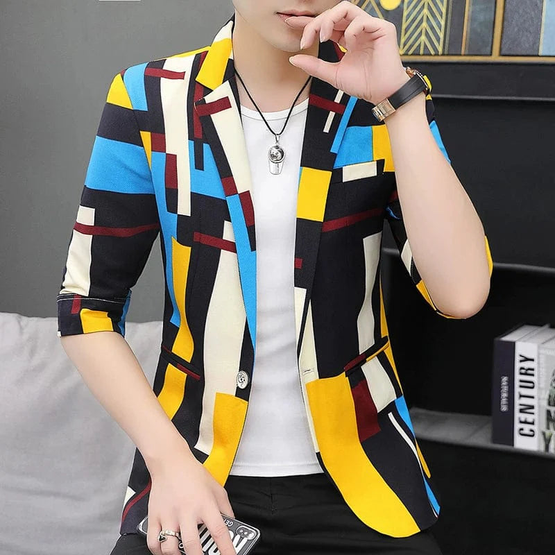 Men's slim fit plaid summer suit jacket with 3/4 sleeves, casual style, featuring a handsome design from SHOWLU FASHION STORE.