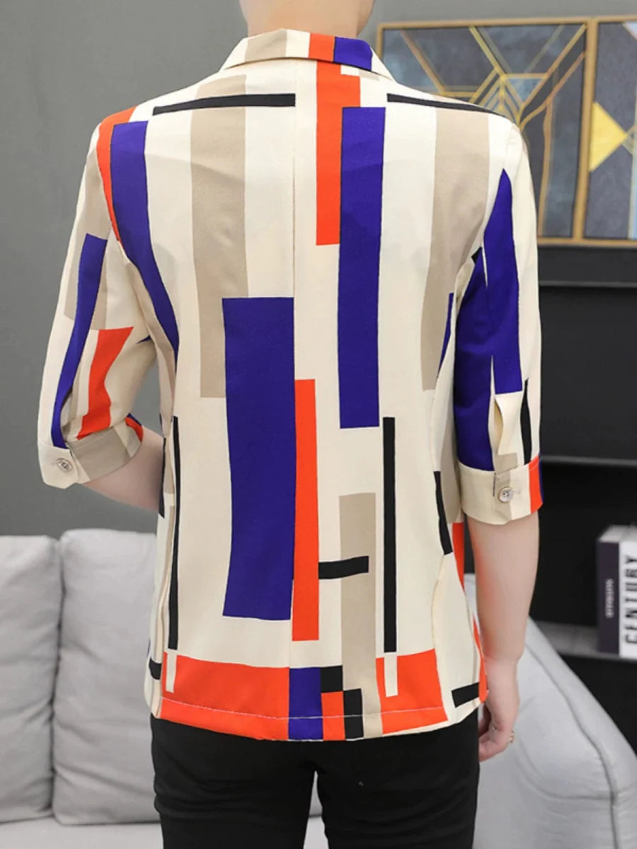 Men's slim fit plaid suit jacket by SHOWLU FASHION, summer casual 3/4 sleeve design, stylish and comfortable for warm weather.