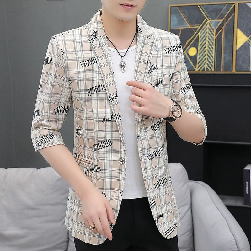 Men's slim fit plaid suit jacket with 3/4 sleeves, casual summer style, from SHOWLU FASHION STORE.