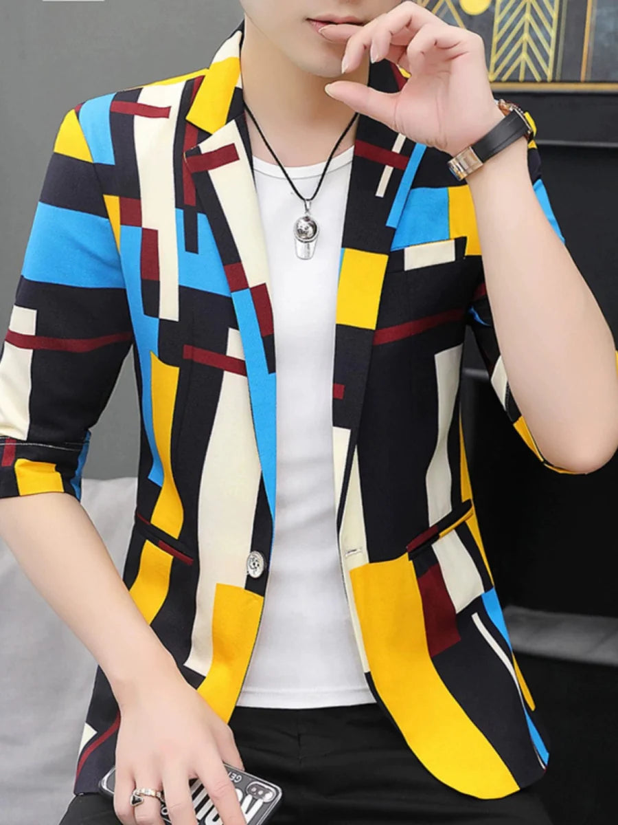 Men's slim fit plaid suit jacket by SHOWLU FASHION, summer casual 3/4 sleeve blazer with a stylish plaid pattern.