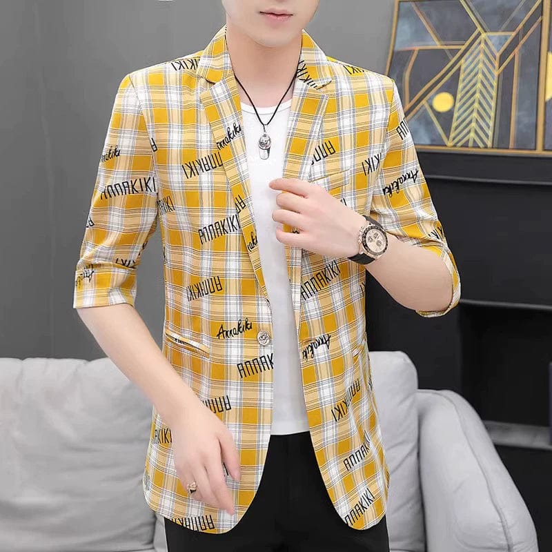 Men's slim fit plaid suit jacket by SHOWLU FASHION, summer casual 3/4 sleeve design, stylish and handsome for warm weather wear.