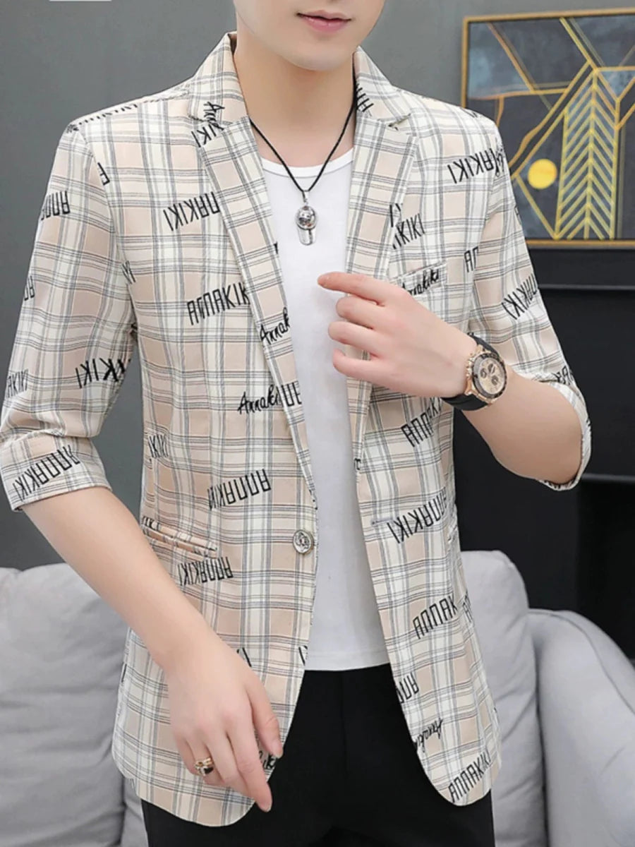 Men's slim fit plaid suit jacket by SHOWLU FASHION, summer casual 3/4 sleeve design, stylish and comfortable for warm weather.