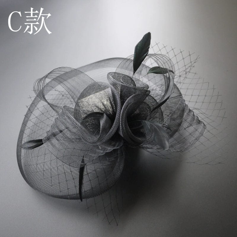 Showlu Black Cheongsam headdress with veil, elegant mesh topper hat for women, perfect for summer social events.