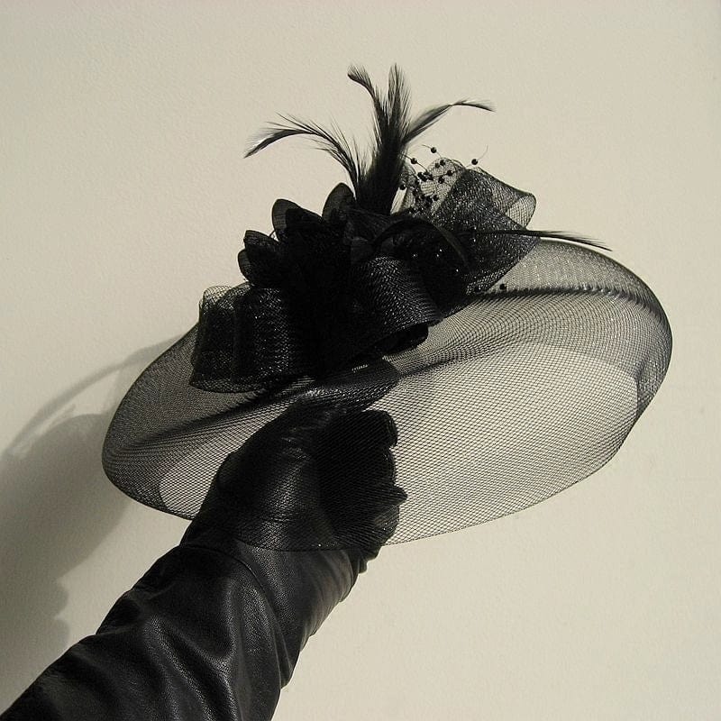 Showlu Black Cheongsam headdress with veil, elegant mesh topper hat for women, suitable for summer social events.