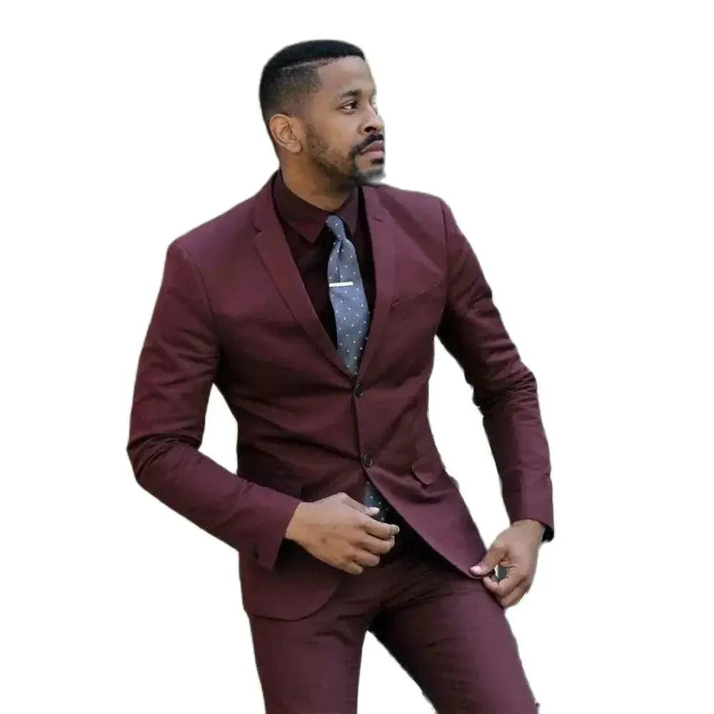 Men's burgundy slim fit two-piece suit with notch lapel, ideal for formal, office, or wedding occasions.