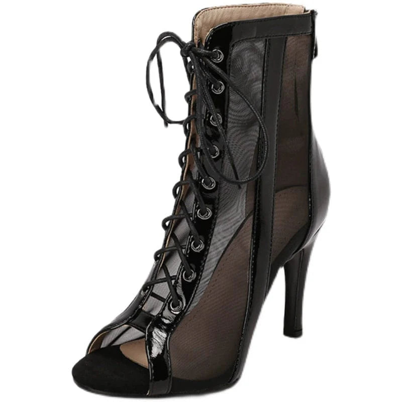 Anne Caitlin Peep-Toe Stiletto Jazz Dance Sandals with mesh hollow design, stylish summer footwear by Showlu Fashion Store