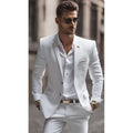 Men's slim fit two-piece white linen suit by Showlu Fashion, featuring notch lapel, single-breasted design, ideal for wedding or casual wear.
