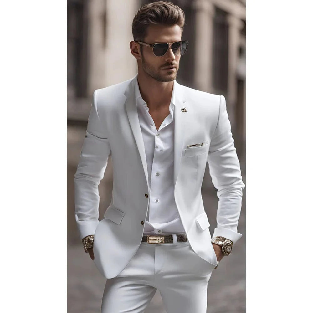Men's slim fit two-piece white linen suit by Showlu Fashion, featuring notch lapel, single-breasted design, ideal for wedding or casual wear.