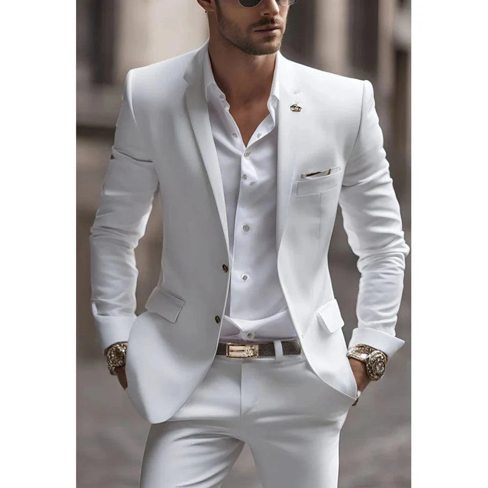 Showlu Fashion men's slim fit two-piece linen suit in white, featuring notch lapel, single-breasted design, ideal for wedding or casual occasions.