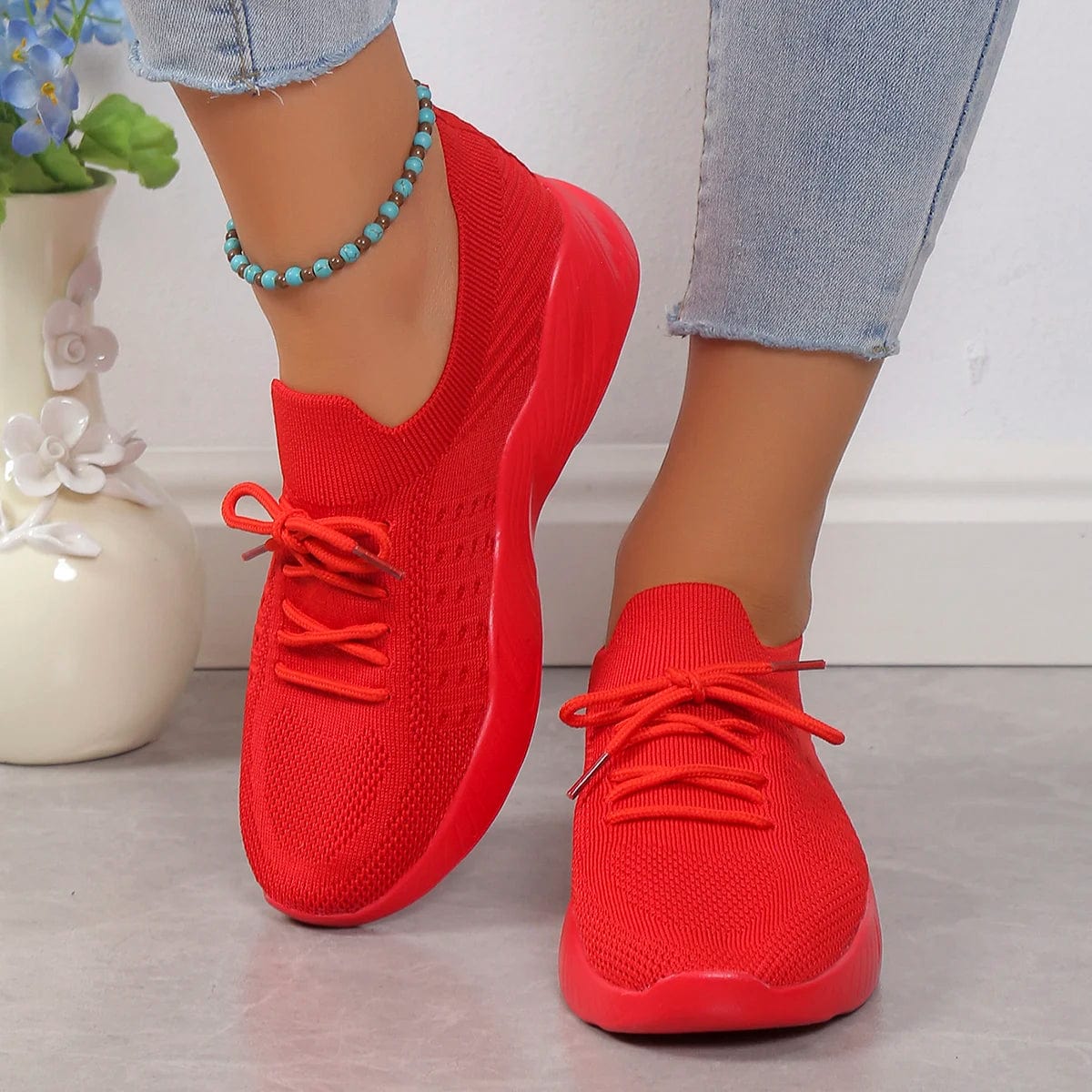 Showlu Women's Mesh Breathable Platform Sneakers with casual lace-up design, vulcanized sole, perfect for summer active wear.