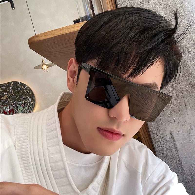 Showlu Men's Square One-Piece Sunglasses with retro K-style design and UV400 protection, featuring sleek black frames and PC lenses.