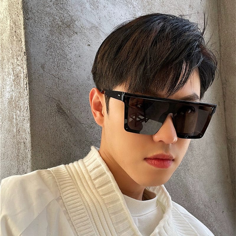 Showlu Men's Square One-Piece Sunglasses with retro K-style design, UV400 protection and black PC lens for a sleek, slim look.