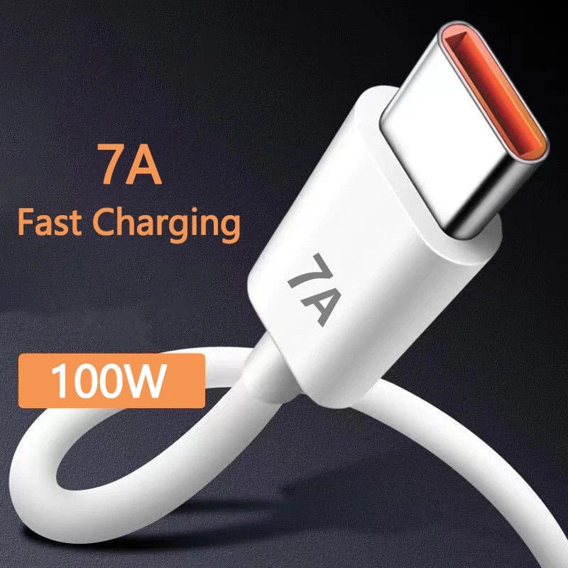 Showlu 100W Type C USB cable for fast charging, compatible with Samsung and Huawei smartphones, shown in close-up image.